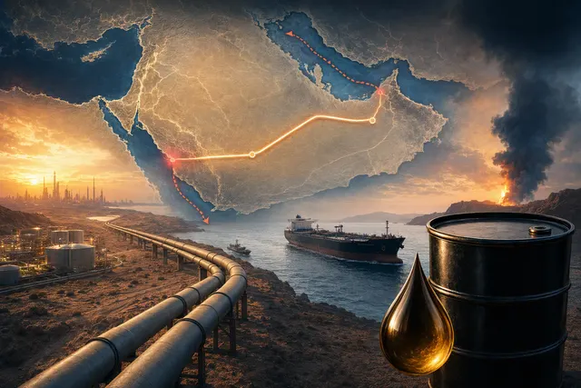 Editorial illustration of oil-market disruption linked to Saudi Arabia’s East-West Pipeline and regional shipping routes