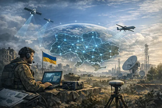 Illustration of a drone using a cloud-based positioning network in a GPS-denied environment over Ukraine