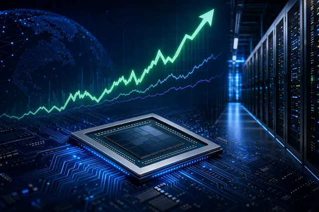 Abstract illustration of semiconductor chips and rising market charts representing AMD’s AI-driven stock rally
