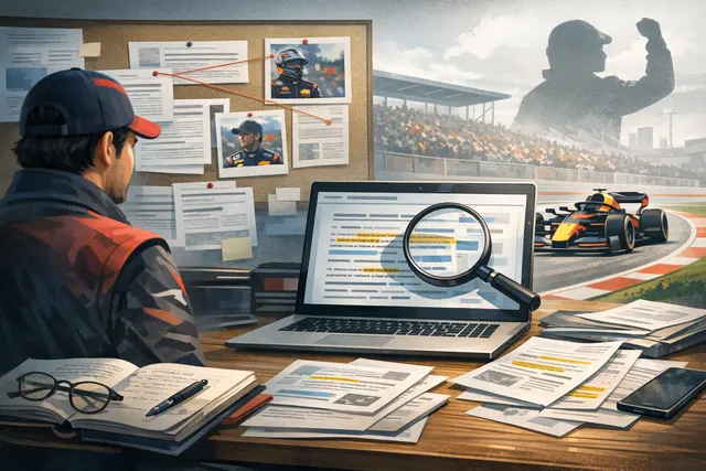 Sergio Perez in Red Bull Racing overalls standing beside Max Verstappen during a Formula 1 race weekend.