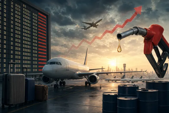 Passenger aircraft and airport travel scene illustrating flight cuts during the jet fuel crisis