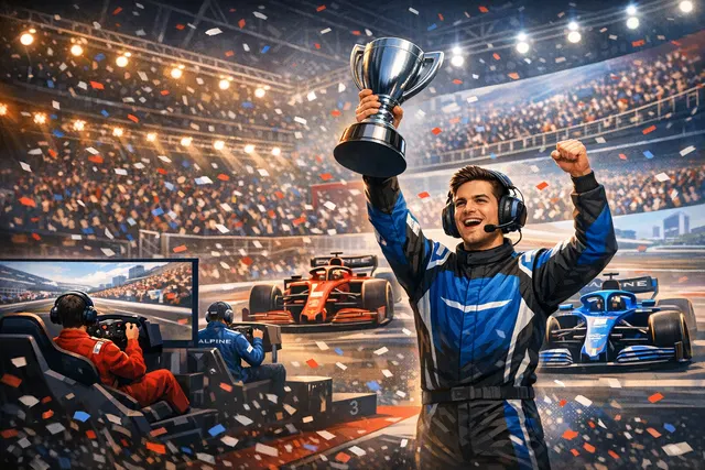 Otis Lawrence celebrating his 2026 F1 Sim Racing World Championship victory with Alpine team members
