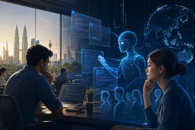 Illustration representing AI agents supporting software development work
