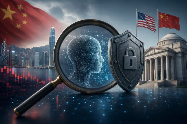 AI-generated editorial illustration for a report on Chinese AI shares and data-security scrutiny.