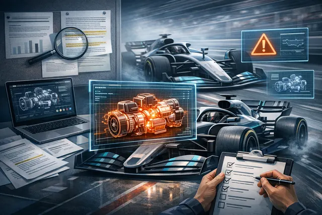 AI-generated concept image of a Mercedes F1 car on track, symbolizing the software calibration issue that cost George Russell straight-line speed