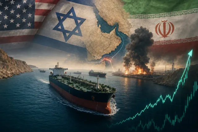 Editorial illustration of an oil tanker and market charts representing tanker freight disruption at the Strait of Hormuz