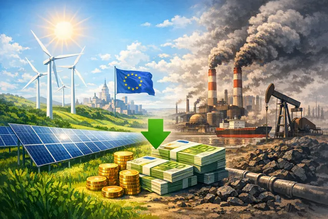 Solar panels and wind turbines standing against a backdrop of European Union flags and a digital graph showing declining fossil fuel import costs