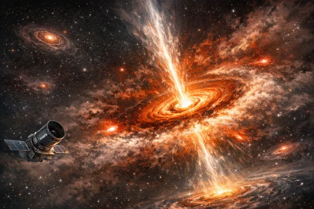 Artistic visualization of a heavily reddened dust-obscured quasar transitioning through its blow-out phase, discovered by NASA's SPHEREx mission.