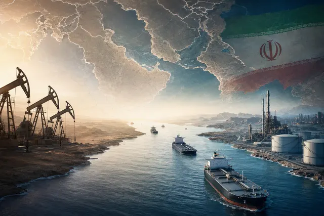 Editorial illustration of oil tankers and shipping disruption in the Strait of Hormuz