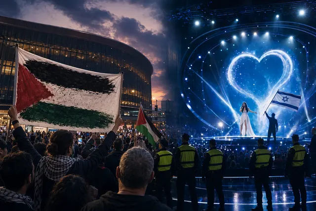 Eurovision 2026 stage in Vienna with crowd and protest tension surrounding Israel participation