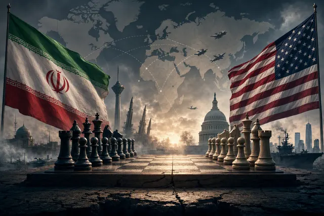 Editorial illustration of tensions involving Iran, the United States, Ukraine and Taiwan