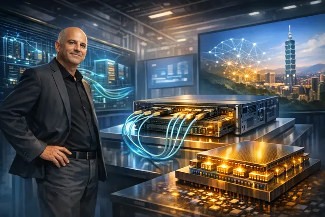Close-up render of Nvidia Spectrum-X CPO switch chip with integrated optical engines and data streams flowing through an AI data center