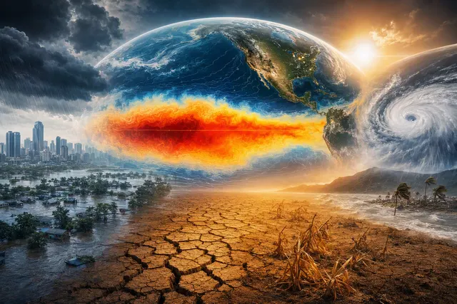 Editorial illustration of a strong El Niño affecting global weather patterns