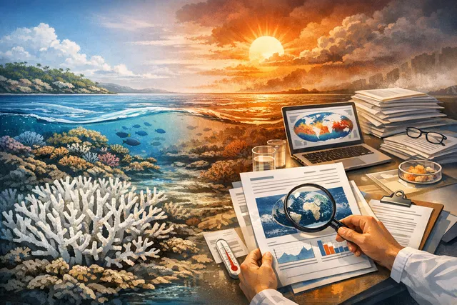 A split underwater scene showing a vibrant, healthy coral reef on one side and a bleached, white coral skeleton on the other, symbolizing the impact of climate change.