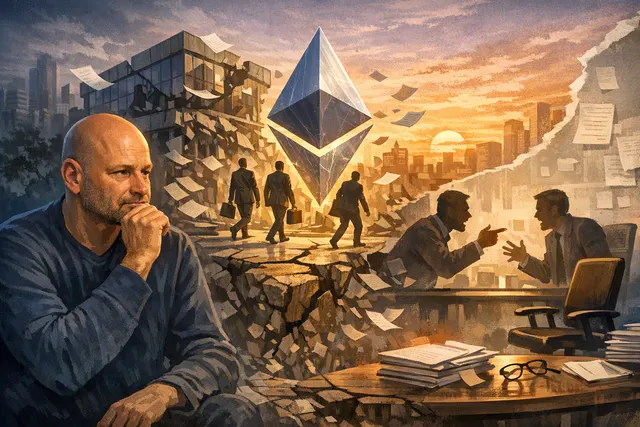 Ethereum co-founder Joe Lubin speaking at a conference, overlaid with Ethereum branding and on-chain transaction data.