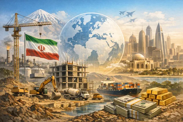 Map of the Middle East highlighting Iran and Gulf Cooperation Council states, with a dollar sign icon near Iran and arrows indicating missile and drone trajectories from Iran to GC