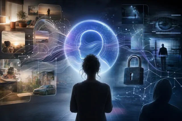 Editorial illustration of a personal AI agent connected to sensitive accounts and privacy controls