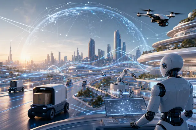 Editorial illustration representing autonomous AI agents, data networks and computing infrastructure
