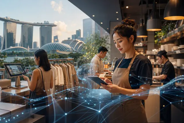 AI-generated illustration accompanying an article about AI use in Singapore retail and food-and-beverage businesses