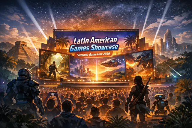 Latin American Games Showcase 2026 broadcast highlight reel showing SHADE Protocol, Kernel Hearts, and DEEPLANDERS on screen during Summer Game Fest