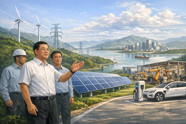Illustration of Chinese oil reserve infrastructure with cargo ships and strategic storage tanks representing economic resilience against energy supply disruptions
