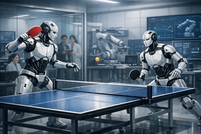 Two humanoid robots playing autonomous table tennis across a table