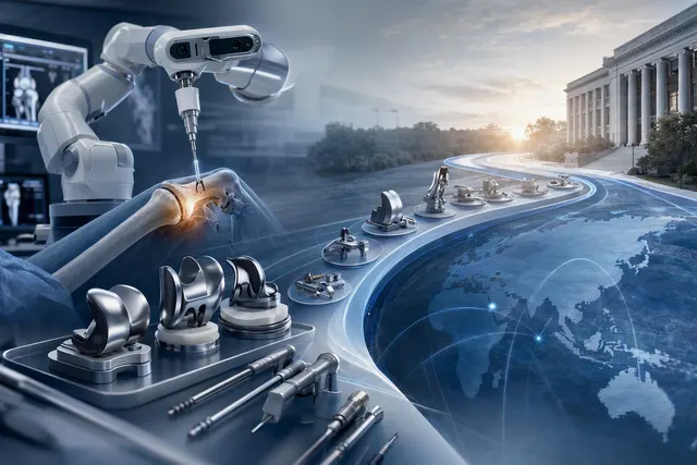 Editorial illustration of robotic orthopedic surgery and a knee implant, representing Tinavi’s proposed MicroPort Orthopedics acquisition