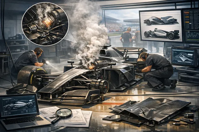 AI-generated editorial hero image showing a dramatic Cadillac F1 garage scene at the Austrian Grand Prix with smoke and crew in action