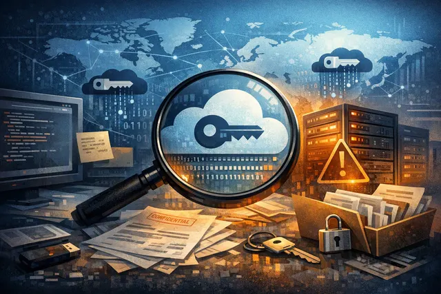 Editorial illustration of exposed AWS access keys and a vulnerable cloud account
