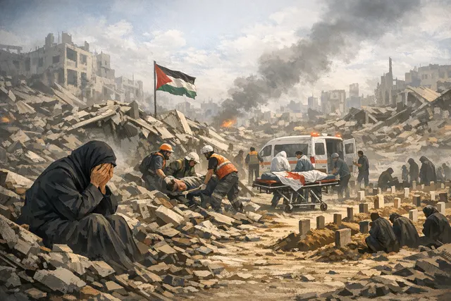 Gaza ceasefire humanitarian crisis: displaced Palestinians and damaged buildings