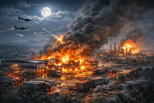AI-generated editorial illustration of a drone strike and fire at an Ozon logistics warehouse in Chapayevsk