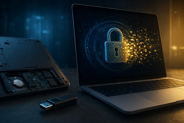 Concept illustration of a BitLocker encryption bypass attack using a USB device and Windows Recovery Environment
