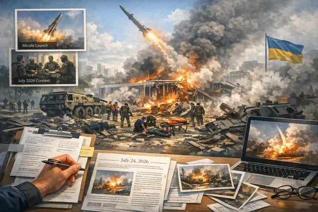 An AI-generated image symbolizing the aftermath of a ballistic missile attack on a defense exhibition near Kyiv, with emergency services and debris.