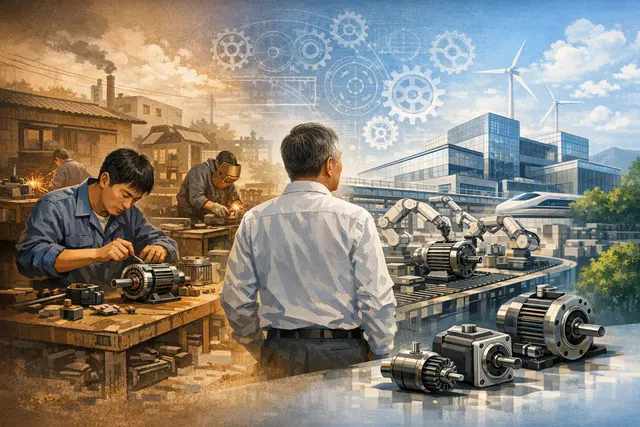 Illustration of a compact motor powering a humanoid robot dexterous hand, representing Jiangsu Leili’s evolution from appliance motors to robotics components