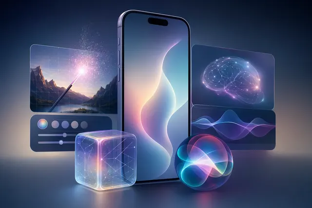 Concept illustration of Apple iOS 27 AI features including a chatbot-style Siri and generative AI tools