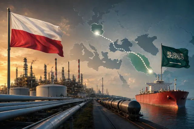 Editorial illustration of oil infrastructure and tanker routes affected by the Saudi East-West Pipeline shutdown