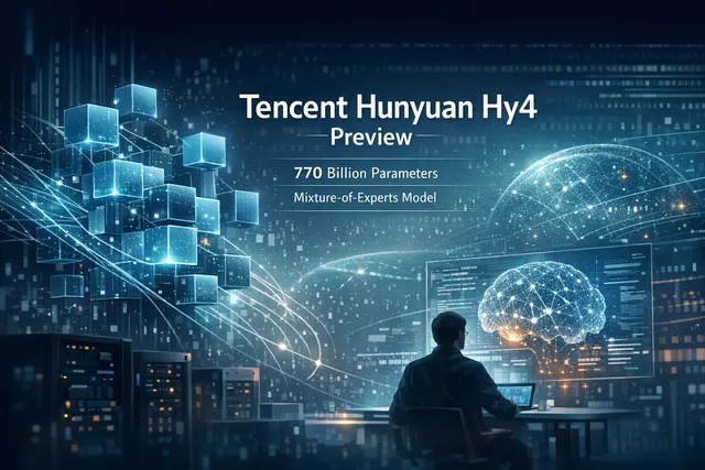 Editorial illustration representing Tencent Hunyuan Hy4 preview, a 770-billion-parameter open-source AI model with a million-token context window