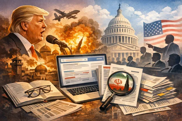 Editorial hero image for article on Trump's threat of a massive attack on Iran, war costs, and congressional division.