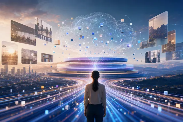 AI-generated editorial illustration representing Zoom’s effort to connect business conversations, company information and AI-powered follow-up workflows.
