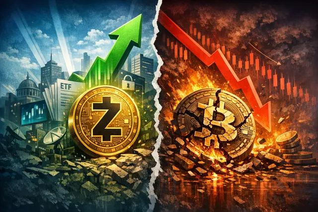 Zcash (ZEC) surging on a digital trading chart while Bitcoin and other cryptocurrencies decline, illustrating the June 3, 2026 market divergence driven by institutional catalysts.
