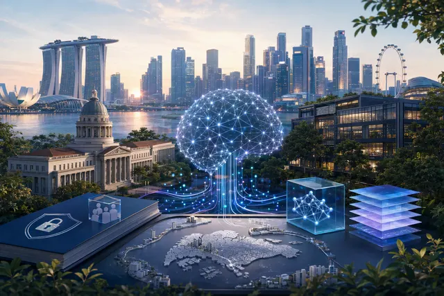 Illustration of responsible AI and data governance, with digital connections representing privacy guidance, chatbots and enterprise technology