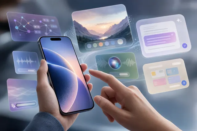 Concept illustration representing AI features in Apple iOS 27 including Siri, writing tools, and automation