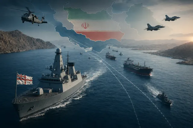 Illustration of naval ships and commercial tankers in the Strait of Hormuz during a blockade