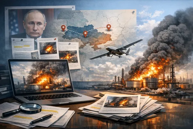 An AI-generated editorial illustration depicting smoke rising from an industrial refinery complex, symbolizing the Ukrainian drone strikes on Russian oil infrastructure.