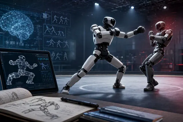 Editorial illustration of Unitree’s G1 humanoid robot sparring with a human trainer