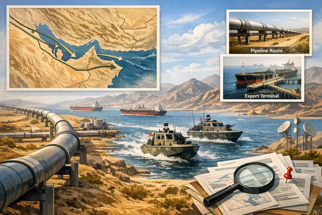 Illustration of a pipeline running through a desert landscape, symbolizing Gulf state bypass routes around the Strait of Hormuz