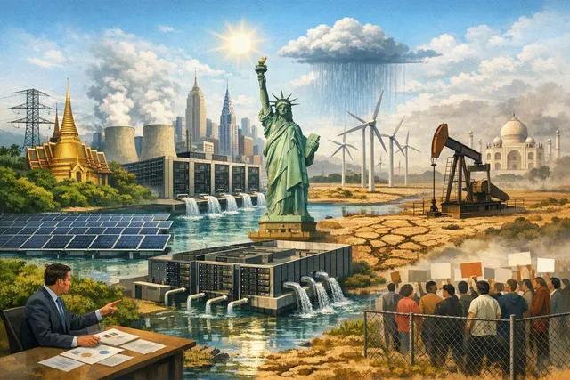 Editorial illustration of an AI data center connected to power lines, water infrastructure and surrounding communities