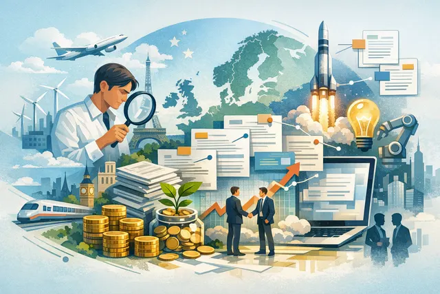 Collage representing European tech deals in June 2026: a defence fund graphic, a protein factory rendering, and a silicon photonics chip prototype