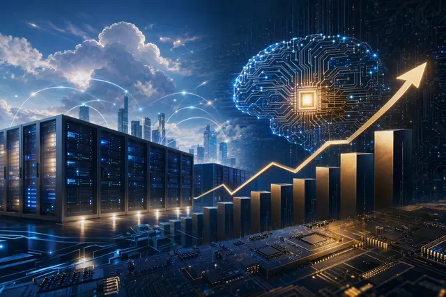 Editorial illustration representing the AI infrastructure buildout, including data centers, chips and power equipment