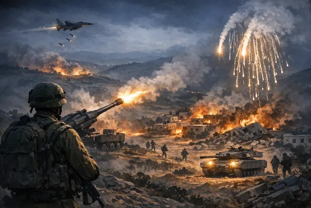 AI-generated editorial illustration of overnight artillery and airstrikes in southern Lebanon